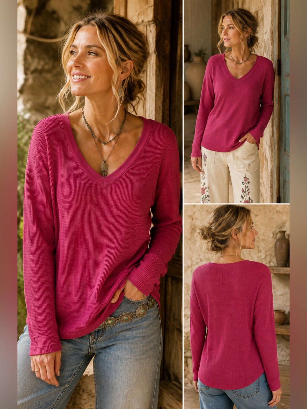 Sundance Catalog Pink Waffle Thermal V-Neck Long Sleeve Top Petite XL